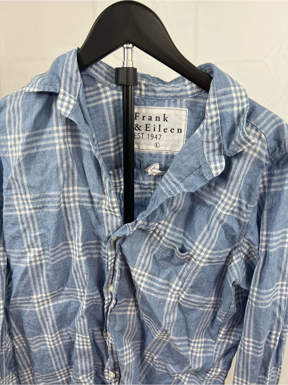 Frank & Eileen Barry Italian Linen Blue Plaid Button Down Shirt Size Large - Picture 6 of 9
